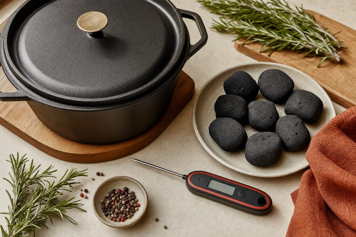 Gusseiserner Dutch Oven, Grillbriketts und ein Fleischthermometer auf einer warmen Arbeitsfläche