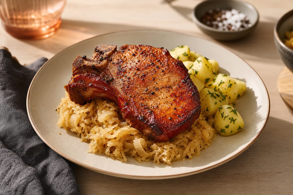 Saftiges Kassler auf einem Bett aus Sauerkraut mit Kartoffeln