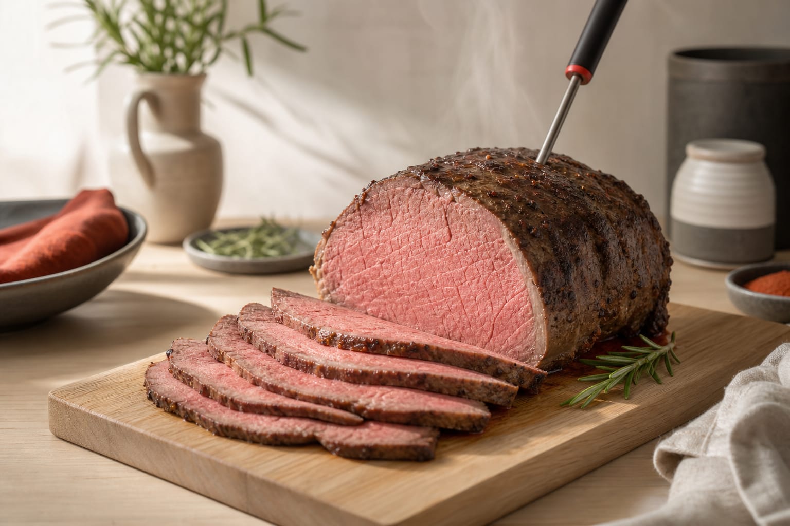 Ein großes Stück Fleisch gart langsam bei niedriger Temperatur im geschlossenen Grill