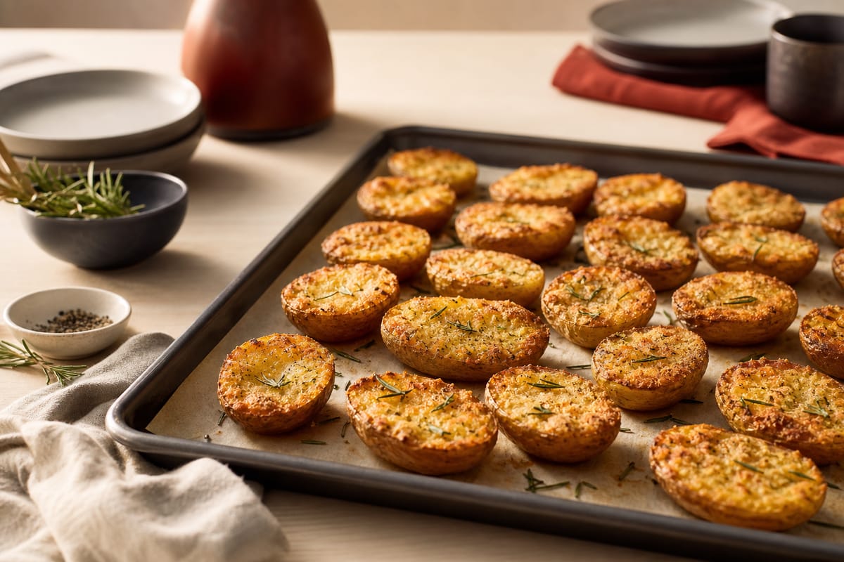 Halbierte Parmesankartoffeln mit goldener Käsekruste auf einem Backblech