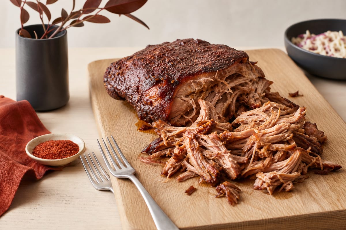 Zerrupftes Pulled Pork mit dunkler Kruste auf einem Schneidebrett