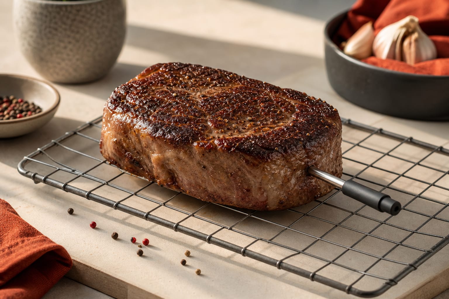 Ein Steak wird nach dem sanften Vorgaren scharf auf dem Rost angegrillt