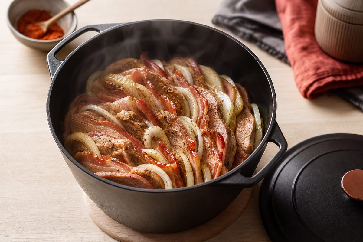 Aufgeschnittenes Schichtfleisch mit Zwiebeln und Speck im gusseisernen Dutch Oven
