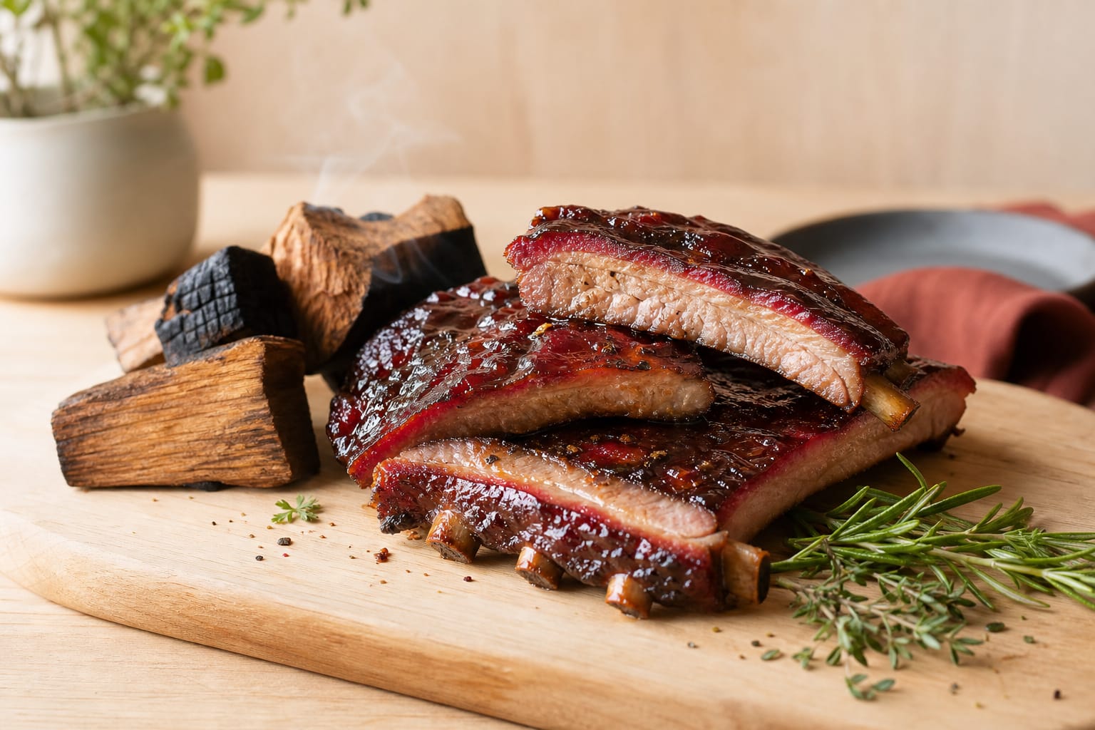 Dünner blauer Rauch zieht über Fleisch in einem geschlossenen Smoker